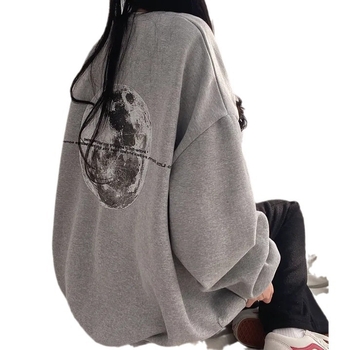 Pulover din bumbac cu imprimare text, croială lejeră, lungime medie, guler rotund, lansare vară 2024