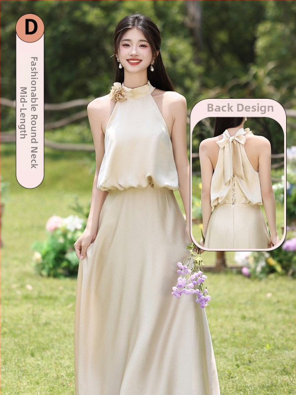 Pamergės suknelė šviežio ir saldaus stiliaus, be rankovių, juosmens linija viduryje, Mercerizuotas poliesterio audinys