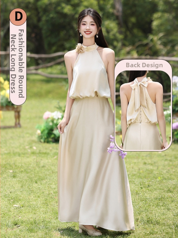 Pamergės suknelė šviežio ir saldaus stiliaus, be rankovių, juosmens linija viduryje, Mercerizuotas poliesterio audinys