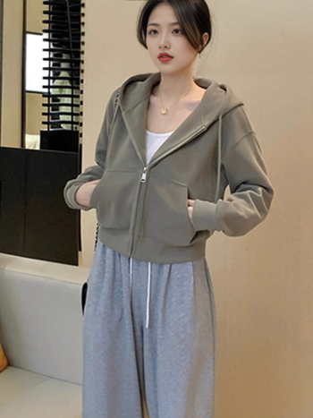 Ženski kratki baršunasti hoodie kardigan, jednofarben, dugi rukavi, standardni kroj, mješavina poliestera (50-70%)
