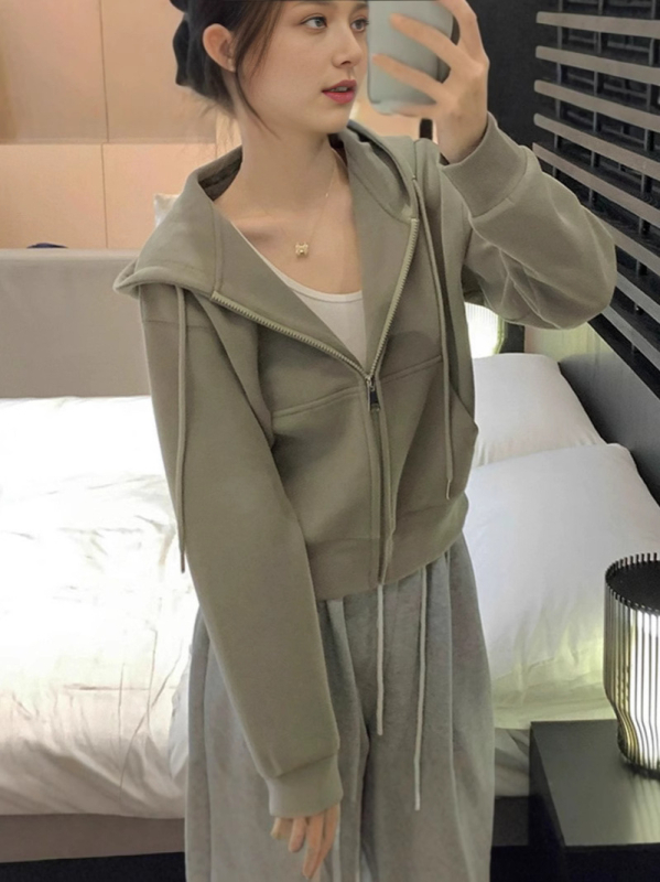 Ženski kratki baršunasti hoodie kardigan, jednofarben, dugi rukavi, standardni kroj, mješavina poliestera (50-70%)
