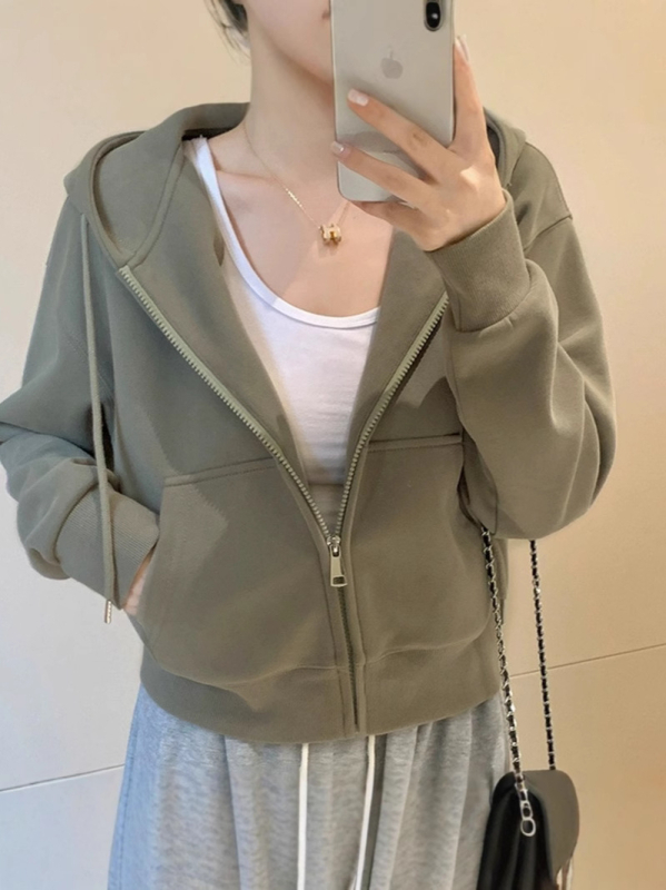 Ženski kratki baršunasti hoodie kardigan, jednofarben, dugi rukavi, standardni kroj, mješavina poliestera (50-70%)