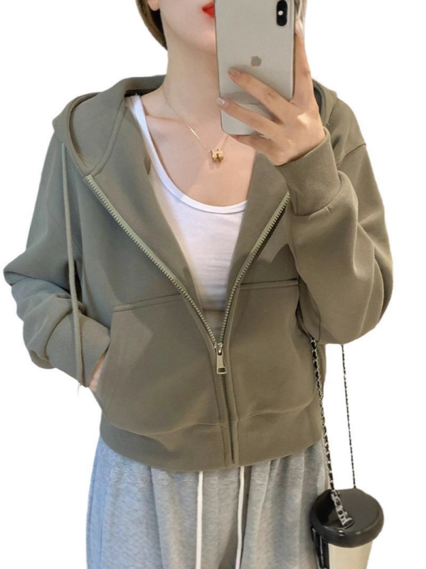 Ženski kratki baršunasti hoodie kardigan, jednofarben, dugi rukavi, standardni kroj, mješavina poliestera (50-70%)