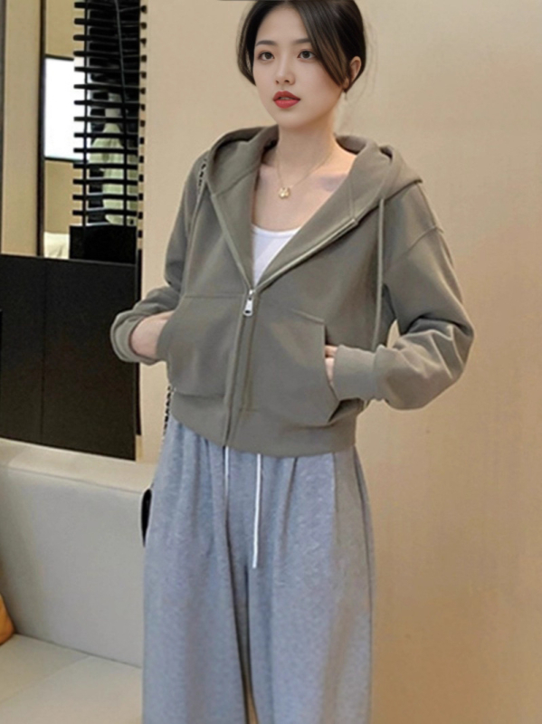 Ženski kratki baršunasti hoodie kardigan, jednofarben, dugi rukavi, standardni kroj, mješavina poliestera (50-70%)