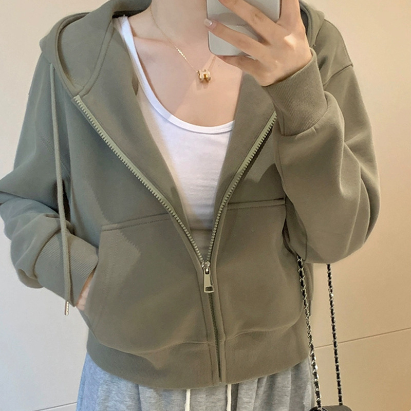 Ženski kratki baršunasti hoodie kardigan, jednofarben, dugi rukavi, standardni kroj, mješavina poliestera (50-70%)