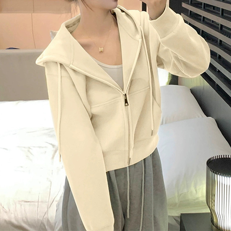 Ženski kratki baršunasti hoodie kardigan, jednofarben, dugi rukavi, standardni kroj, mješavina poliestera (50-70%)