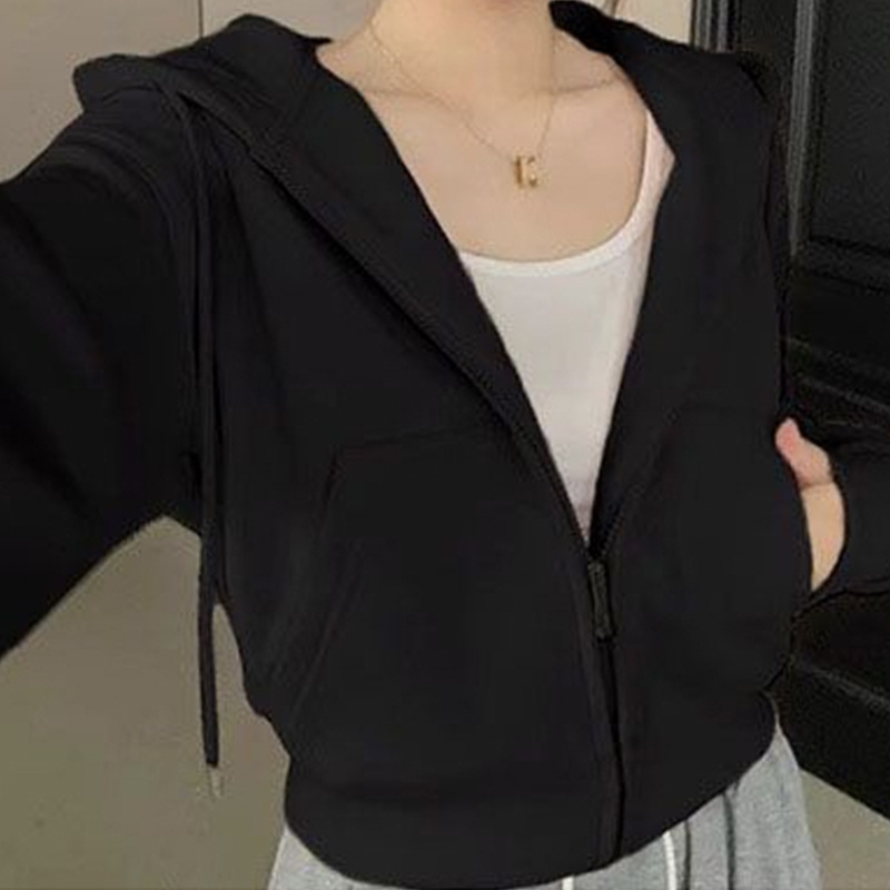 Ženski kratki baršunasti hoodie kardigan, jednofarben, dugi rukavi, standardni kroj, mješavina poliestera (50-70%)