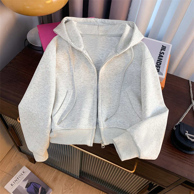 Ženski kratki baršunasti hoodie kardigan, jednofarben, dugi rukavi, standardni kroj, mješavina poliestera (50-70%)