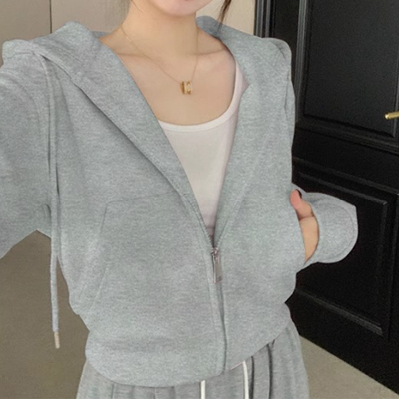 Ženski kratki baršunasti hoodie kardigan, jednofarben, dugi rukavi, standardni kroj, mješavina poliestera (50-70%)