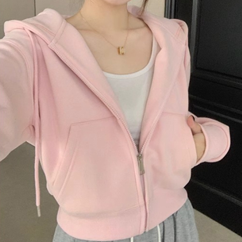 Ženski kratki baršunasti hoodie kardigan, jednofarben, dugi rukavi, standardni kroj, mješavina poliestera (50-70%)