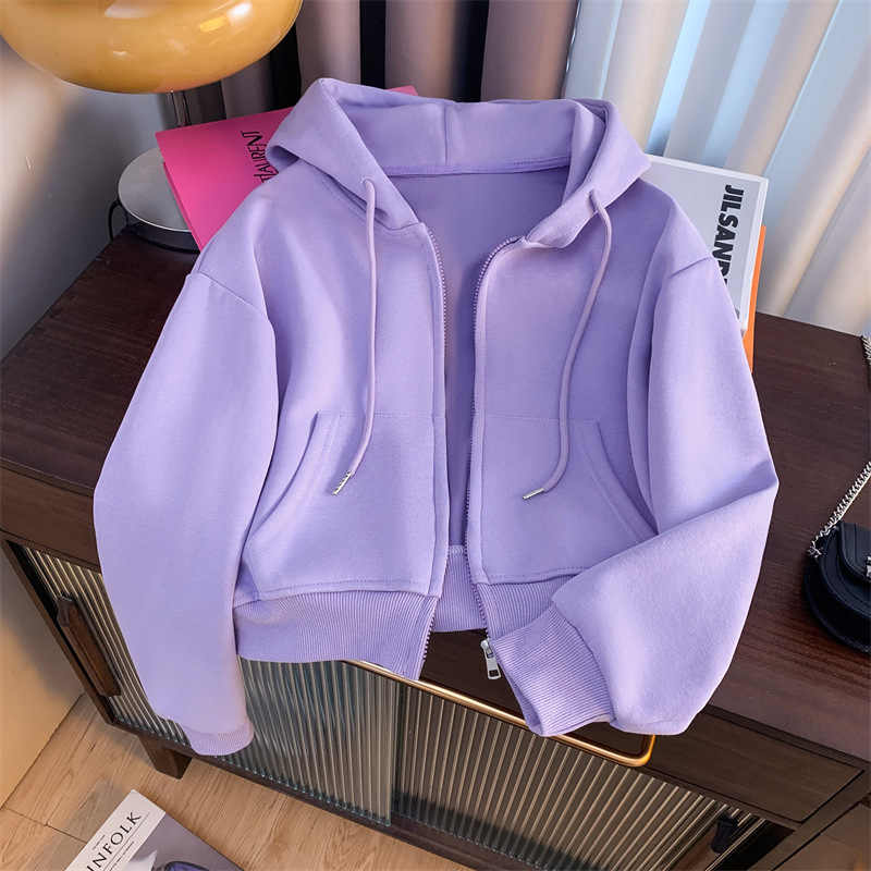 Ženski kratki baršunasti hoodie kardigan, jednofarben, dugi rukavi, standardni kroj, mješavina poliestera (50-70%)