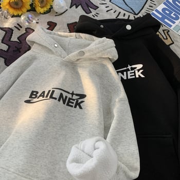 Hanorac cu glugă din fleece imprimat, croială lejeră, pentru bărbați