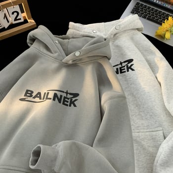 Hanorac cu glugă din fleece imprimat, croială lejeră, pentru bărbați