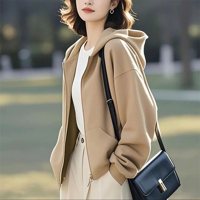 Női kapucnis cipzáros kardigán, pamut-poliészter keverék, minimalistás hétköznapi stílus, normál szabás, standard hossz