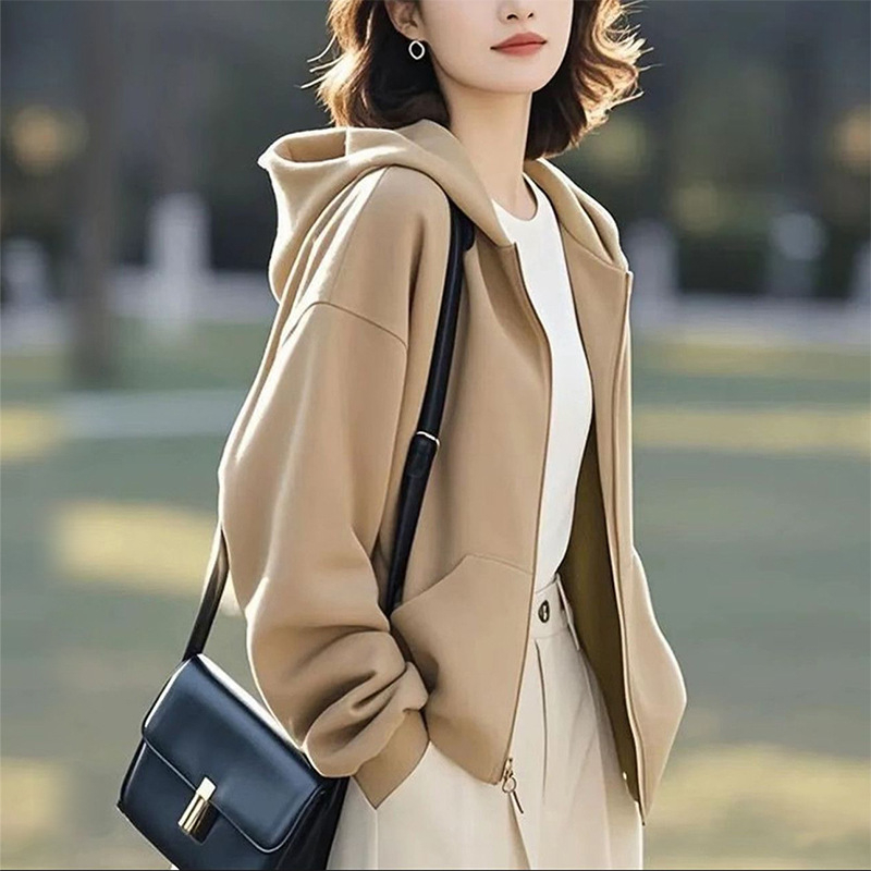 Női kapucnis cipzáros kardigán, pamut-poliészter keverék, minimalistás hétköznapi stílus, normál szabás, standard hossz