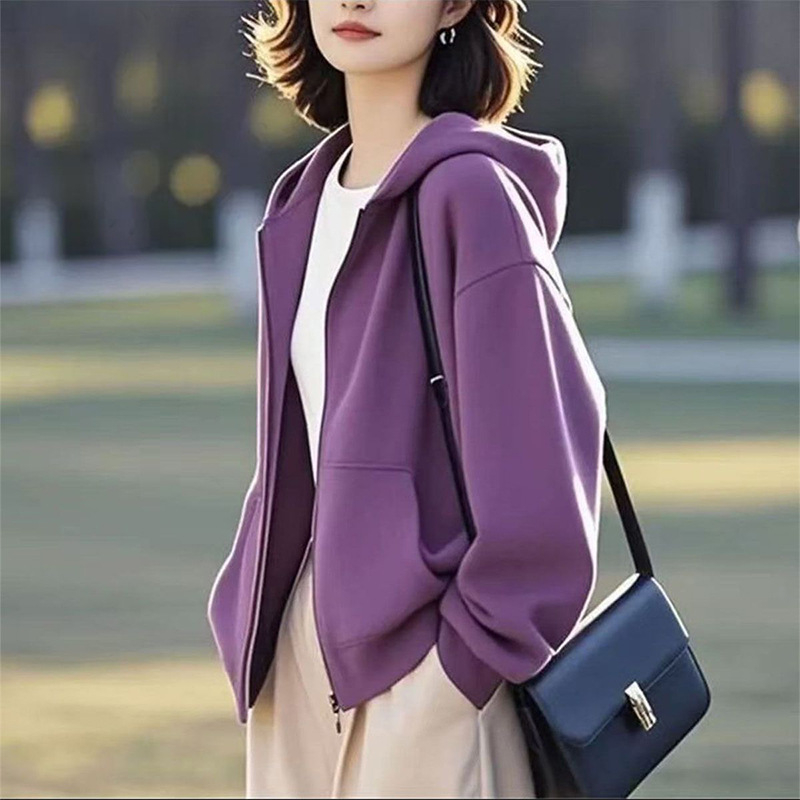 Női kapucnis cipzáros kardigán, pamut-poliészter keverék, minimalistás hétköznapi stílus, normál szabás, standard hossz