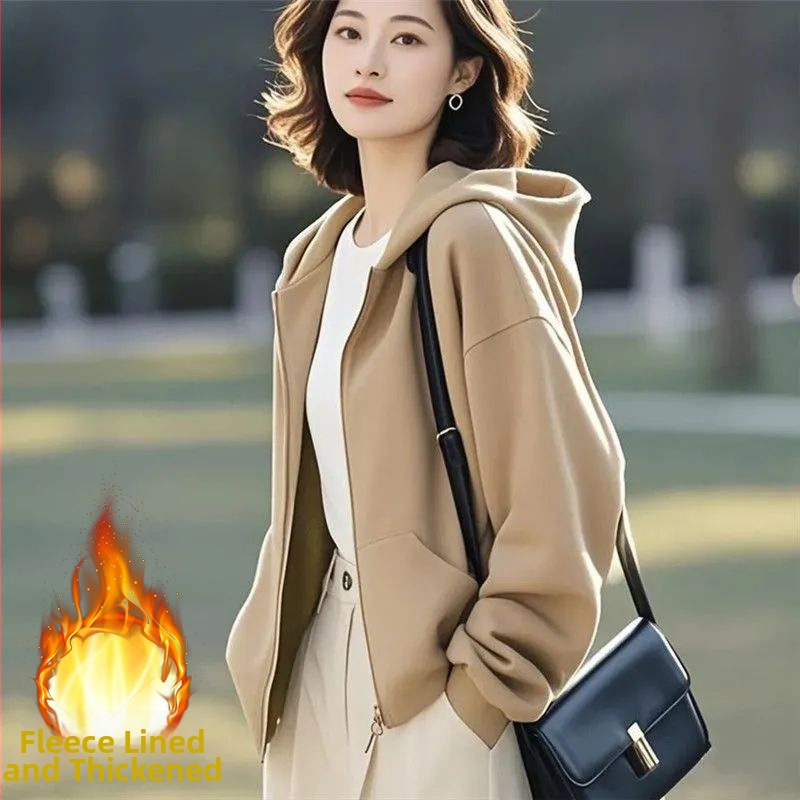 Ženski kapuljačasti cardigan sa zatvaračem od pamuka i poliestera – jesensko-zimski casual top