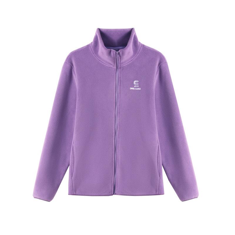 Ženski kardigan od polar fleece sa stojećim ovratnikom, zatvaračem, kratkom dužinom, dugim rukavima, ravna linija
