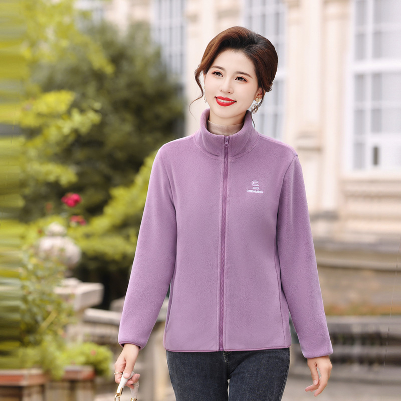 Ženski kardigan od polar fleece sa stojećim ovratnikom, zatvaračem, kratkom dužinom, dugim rukavima, ravna linija