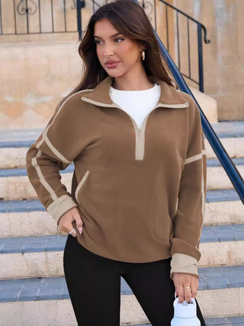 Női kapucnis pulóver cipzárral, hosszú ujjú, álló gallér, colorblock mintázat, zsebek