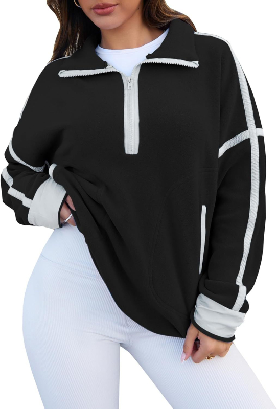 Női kapucnis pulóver cipzárral, hosszú ujjú, álló gallér, colorblock mintázat, zsebek