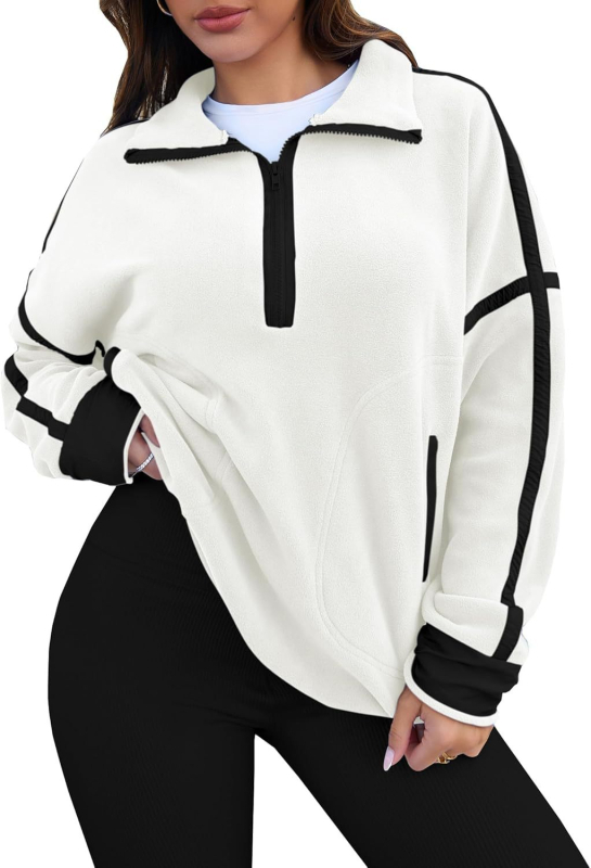 Női kapucnis pulóver cipzárral, hosszú ujjú, álló gallér, colorblock mintázat, zsebek