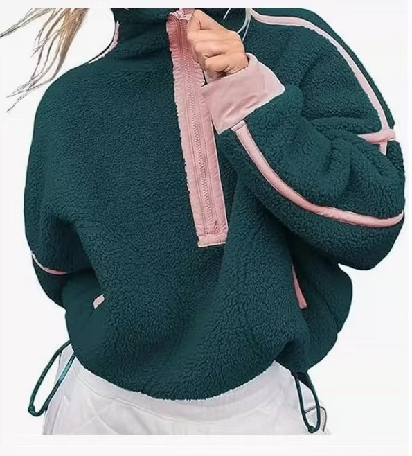 Női kapucnis pulóver cipzárral, hosszú ujjú, álló gallér, colorblock mintázat, zsebek