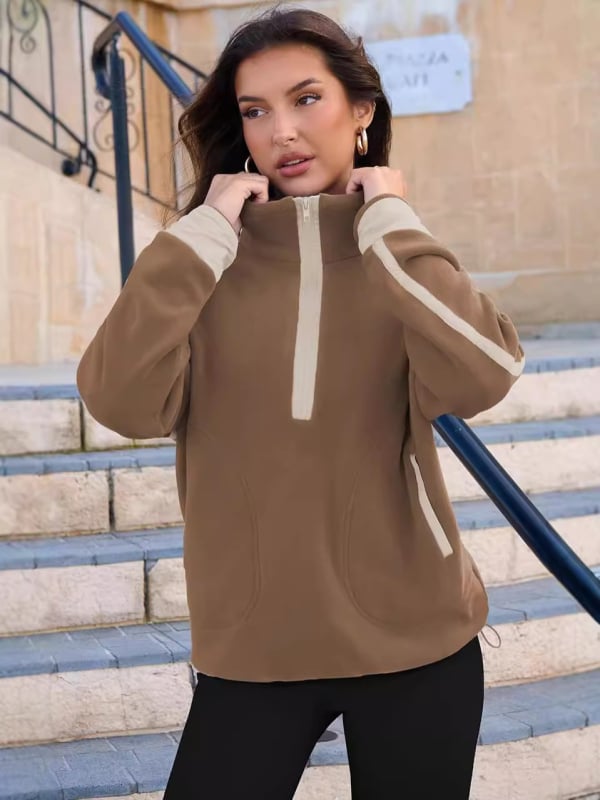 Női kapucnis pulóver cipzárral, hosszú ujjú, álló gallér, colorblock mintázat, zsebek