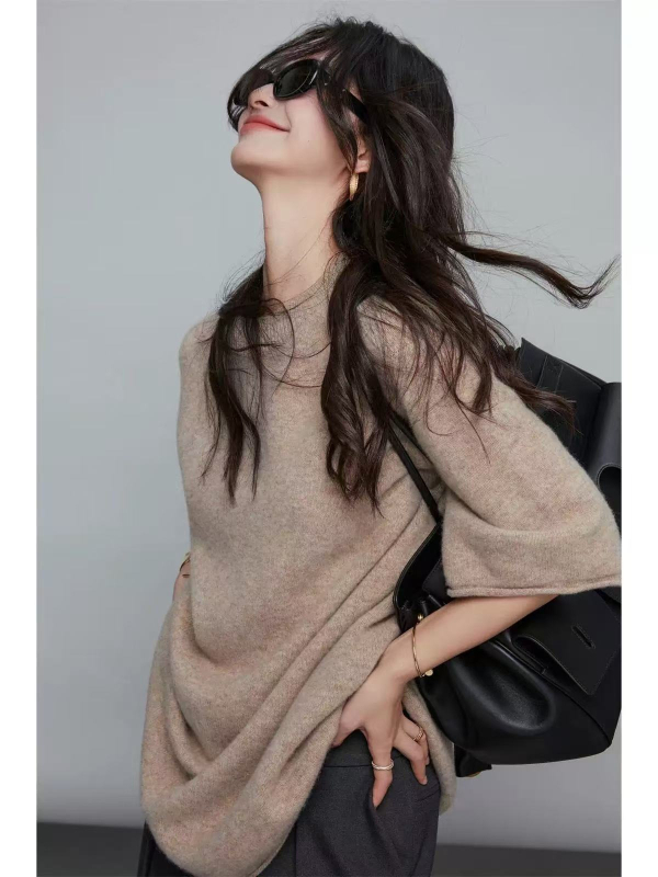 Ženski pleteni džemper od kašmira i vune, ležernog kroja, srednje duljine, tanak, 3/4 rukav, okrugli izrez, plus veličina, proljeće i jesen