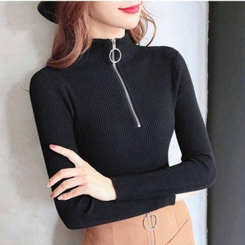 Sieviešu adīts džemperis ar rāvējslēdzēju un pusaugstu apkakli, garas piedurknes, vienkrāsains, poliestera maisījums 80–90%, japāņu un korejiešu brīvā stila