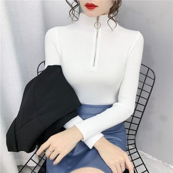 Sieviešu adīts džemperis ar rāvējslēdzēju un pusaugstu apkakli, garas piedurknes, vienkrāsains, poliestera maisījums 80–90%, japāņu un korejiešu brīvā stila