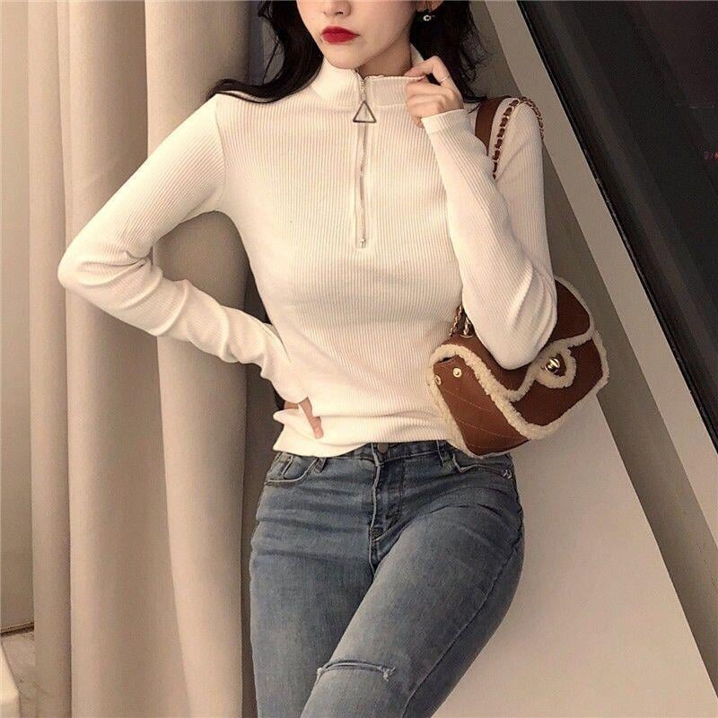 Sieviešu adīts džemperis ar rāvējslēdzēju un pusaugstu apkakli, garas piedurknes, vienkrāsains, poliestera maisījums 80–90%, japāņu un korejiešu brīvā stila