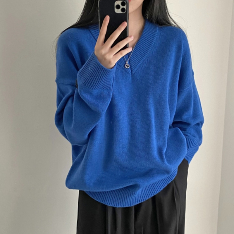 Ženski oversize džemper s V-izrezom, korejski chic, srednja duljina, topao, 8 boja