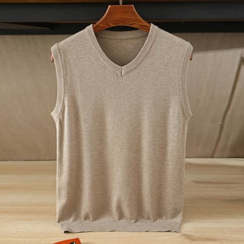 Vestă tricotată pentru bărbați, fără mâneci, decolteu în V, croială dreaptă, stil coreean, amestec de fibre pe bază de viscoză, finisaj mercerizat