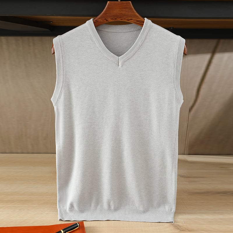 Vestă tricotată pentru bărbați, fără mâneci, decolteu în V, croială dreaptă, stil coreean, amestec de fibre pe bază de viscoză, finisaj mercerizat