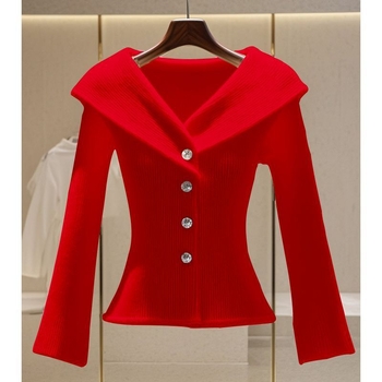 Pulover dama croială Slim-fit, mâneci clopot și guler rever, amestec poliester-viscose, lungime scurtă, iarnă 2024