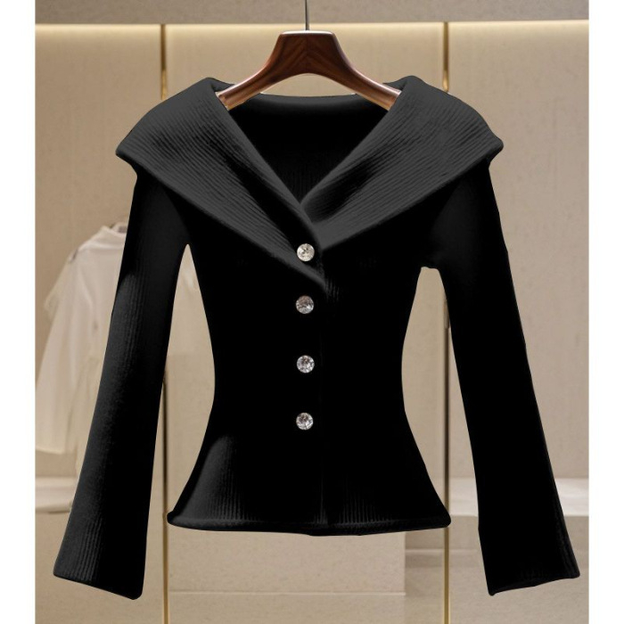 Pulover dama croială Slim-fit, mâneci clopot și guler rever, amestec poliester-viscose, lungime scurtă, iarnă 2024