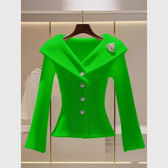 Pulover dama croială Slim-fit, mâneci clopot și guler rever, amestec poliester-viscose, lungime scurtă, iarnă 2024