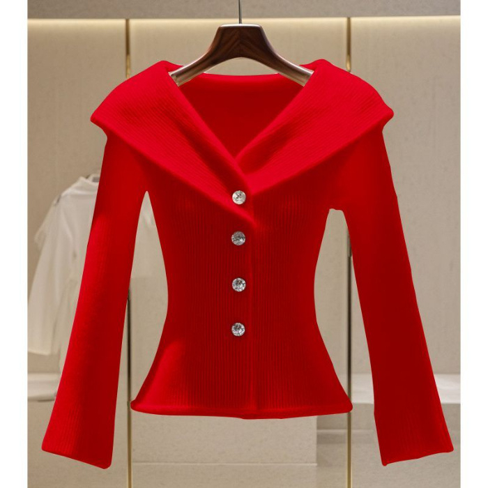 Pulover dama croială Slim-fit, mâneci clopot și guler rever, amestec poliester-viscose, lungime scurtă, iarnă 2024