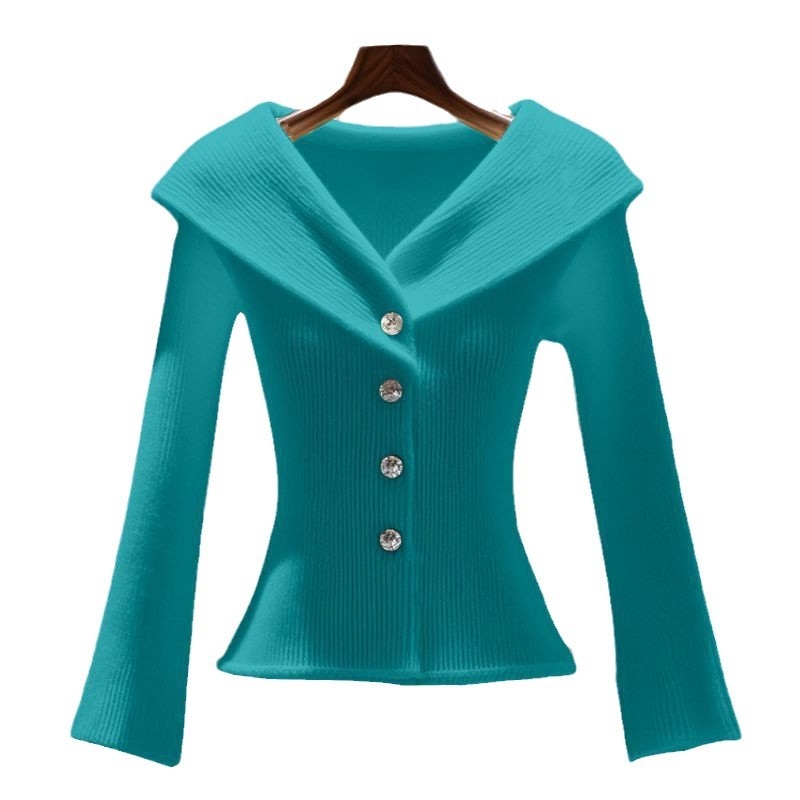 Pulover dama croială Slim-fit, mâneci clopot și guler rever, amestec poliester-viscose, lungime scurtă, iarnă 2024