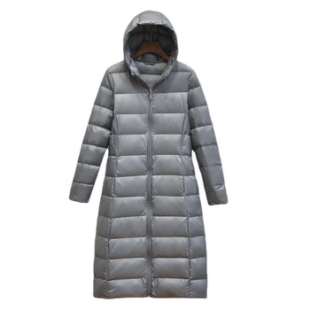 Sieviešu ziemas jaka ar kapuci, korejiešu stilā, garā līdz ceļgaliem, brīvā piegriezuma, pildījums no balta pīļu pūka