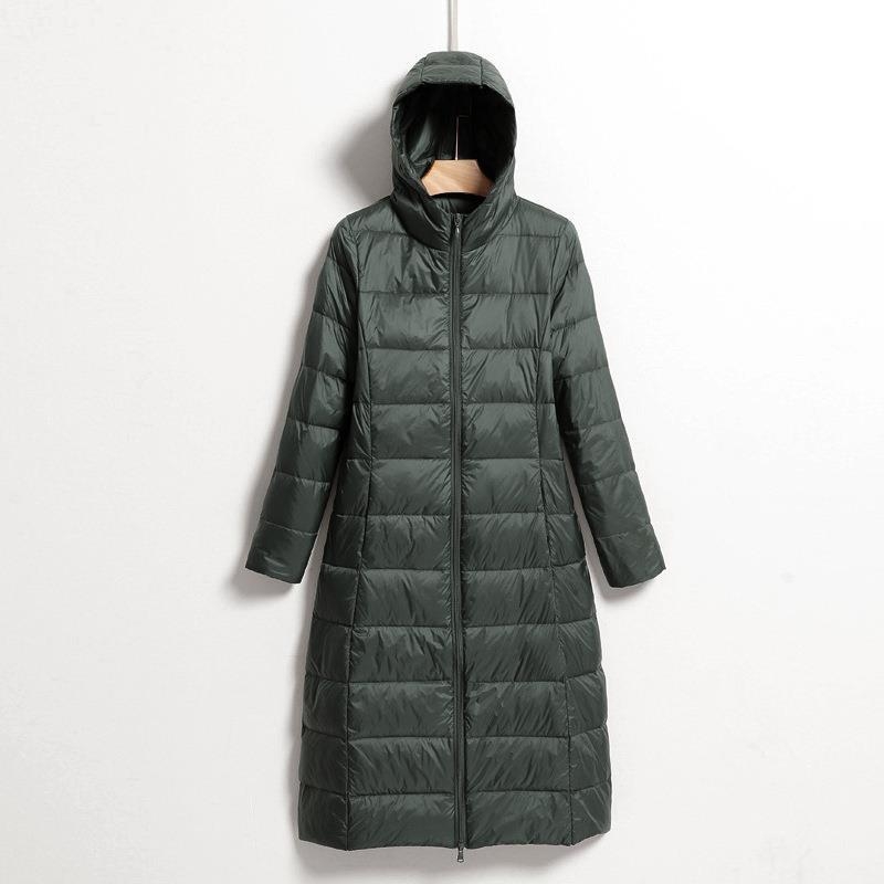 Sieviešu ziemas jaka ar kapuci, korejiešu stilā, garā līdz ceļgaliem, brīvā piegriezuma, pildījums no balta pīļu pūka