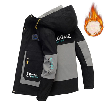 Meeste talvekapuutsiga jope fleecevoodriga, vaba lõige, ees tõmblukk, tuulekindel