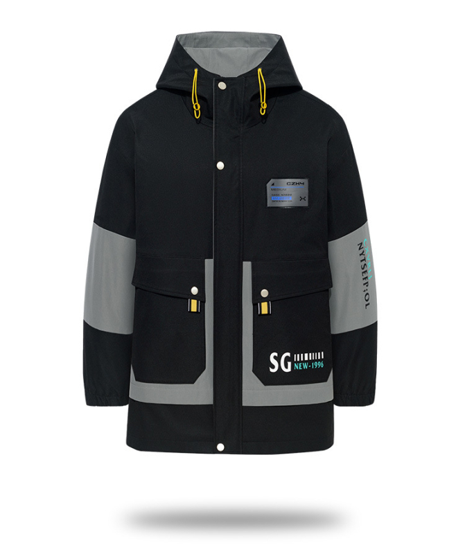 Meeste talvekapuutsiga jope fleecevoodriga, vaba lõige, ees tõmblukk, tuulekindel