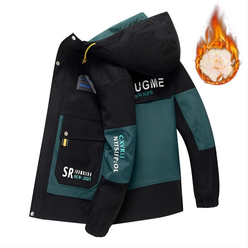 Meeste talvekapuutsiga jope fleecevoodriga, vaba lõige, ees tõmblukk, tuulekindel