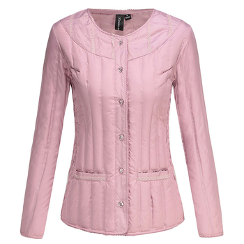 Sievietes šaura pūkaina jaka ar balto pīļu pūku – bez apkakles, vidēja garuma, gari piedurknēm, poliestera audums