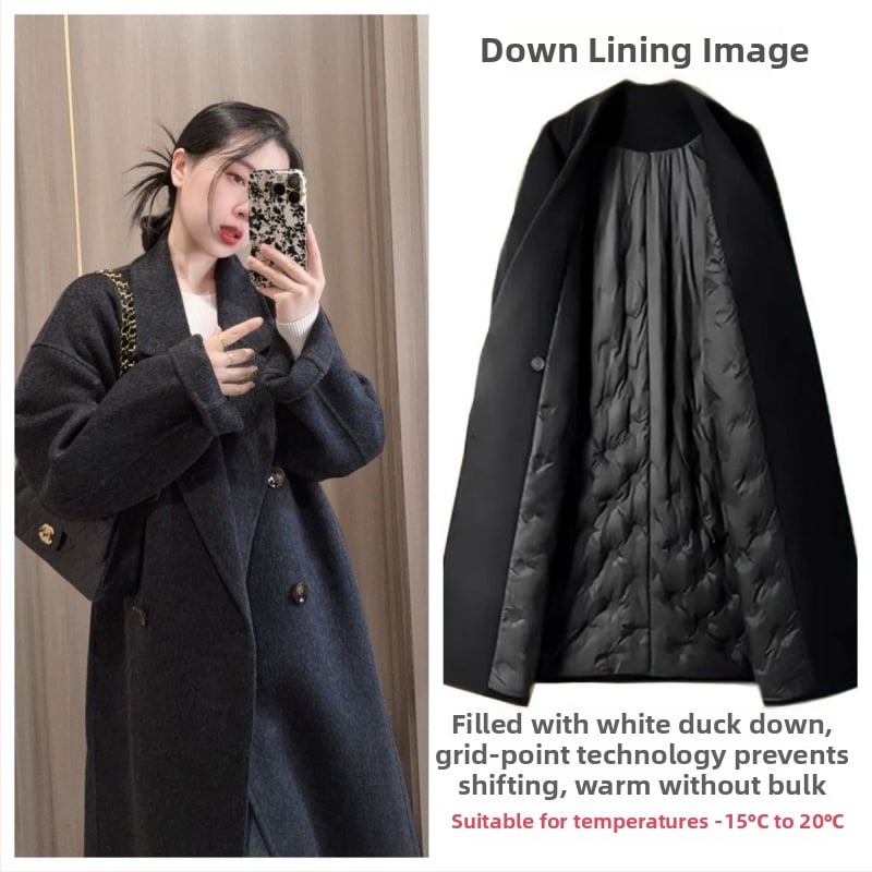 Γυναικείο παλτό από μαλλί με επένδυση από πούπουλα — (Chenille ύφασμα; ανάμειξη σπαντέξ; ελεύθερη γραμμή; μανίκια 3/4; γιακά τύπου σακάκι)