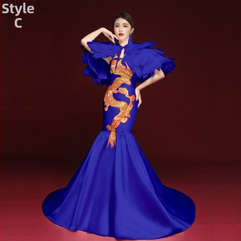 Hiina stiilis õhtukleit, varrukateta, sügav V-kaelus, tikandid, pikk A-liiniga