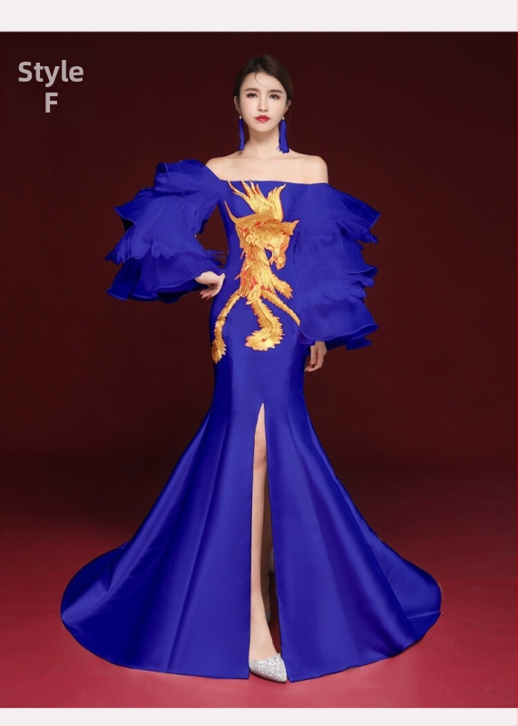 Hiina stiilis õhtukleit, varrukateta, sügav V-kaelus, tikandid, pikk A-liiniga