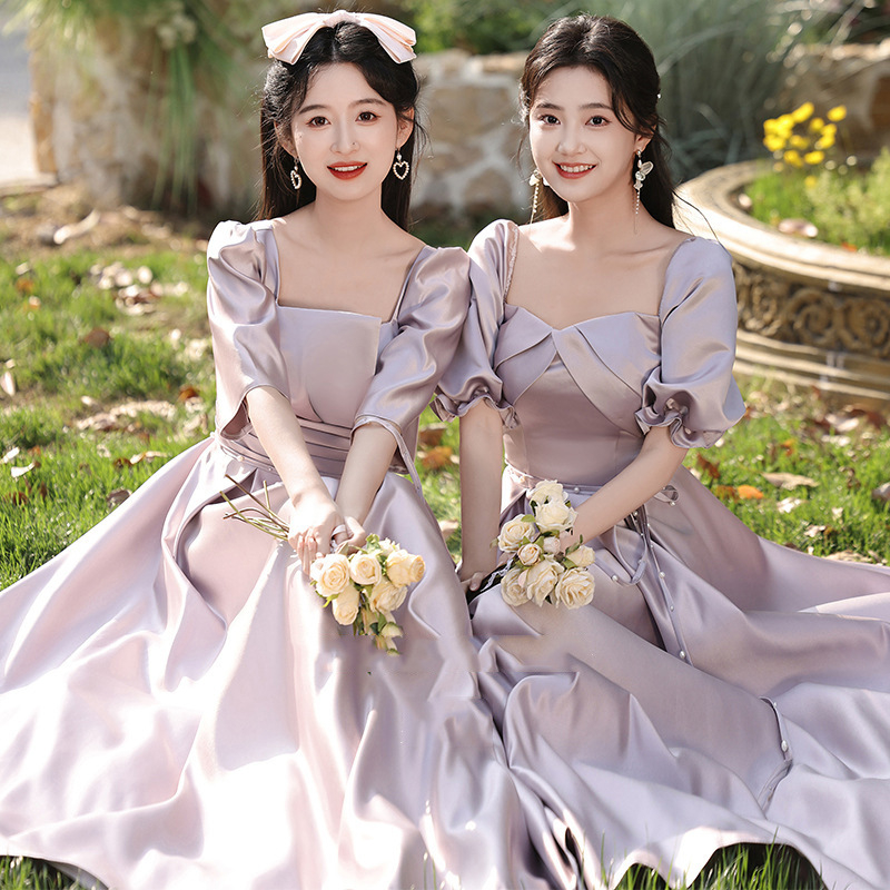 Pruutneitside kleit, A-line, kõrge vöökoht, atsetaadi–polüesteri segu, pikk kleit, 3/4 varrukad